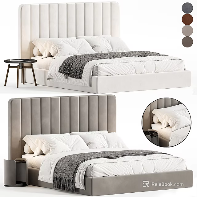 Modern Double Bed With Tufted Velvet Headboard White Bedding Soft Pillows And Wooden Nightstand 3d model 