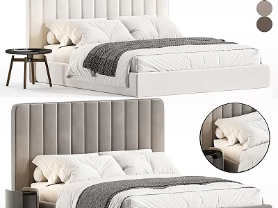 Modern Double Bed With Tufted Velvet Headboard White Bedding Soft Pillows And Wooden Nightstand 3d model