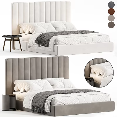 Modern Double Bed With Tufted Velvet Headboard White Bedding Soft Pillows And Wooden Nightstand 3d model