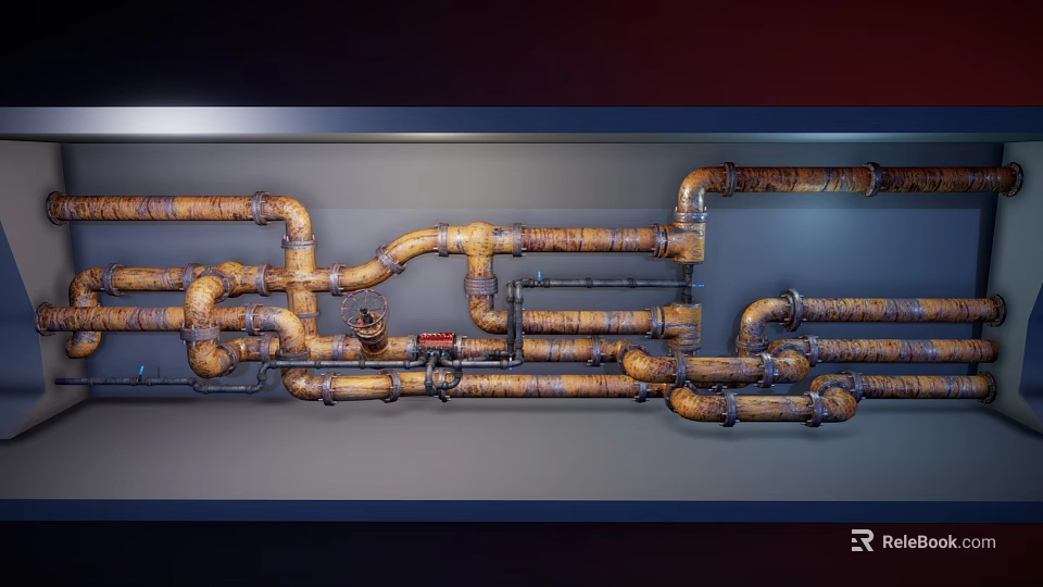 Industrial Rusted Metal Pipes Layout With Connected Joints In Wall Structure 3d model 