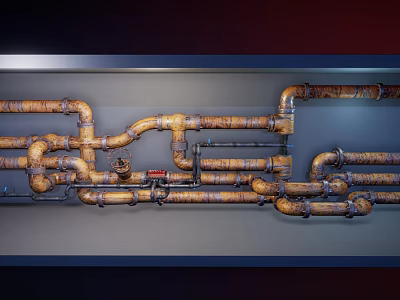 Industrial Rusted Metal Pipes Layout With Connected Joints In Wall Structure 3d model