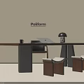 Modern Poliform Desk With Laptop Mug Table Lamp and Wooden Stools