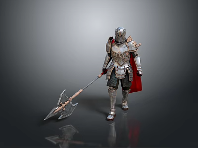 Man in Silver Armor Holding Battle Axe With Red Cape Standing 3d model