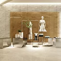 Metallic Display Shelves In Modern Showcase Area With Mannequin White Dress Plants And Books