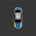 Modern White And Blue Police Sedan With Yellow Stripes And Roof Emergency Lights