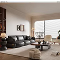 Living Room Interior Design Featuring Black Leather Sofa Wooden Bookshelf Large Window Blinds And Armchairs