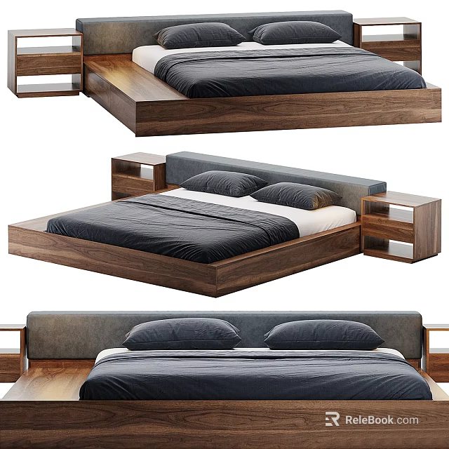 Modern Double Bed With Wooden Platform Frame Upholstered Headboard And Dark Bedding 3d model 