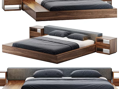 Modern Double Bed With Wooden Platform Frame Upholstered Headboard And Dark Bedding 3d model