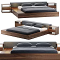 Modern Double Bed With Wooden Platform Frame Upholstered Headboard And Dark Bedding