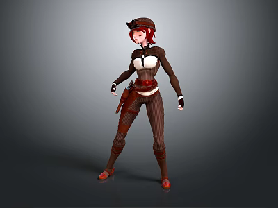 3D Red Haired Female Adventurer Character In Brown Striped Outfit With Hat And Holster 3d model