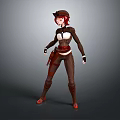 3D Red Haired Female Adventurer Character In Brown Striped Outfit With Hat And Holster
