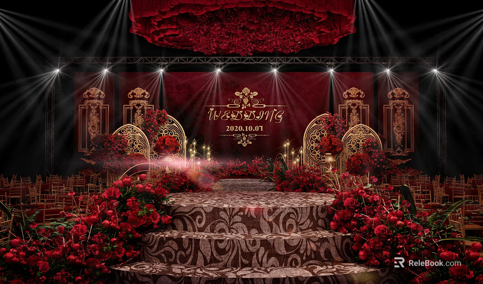 Wedding Banquet Hall With Red Golden Decor Elegant Stage Red Flower Arrangements And Spotlight Lighting 3d model 