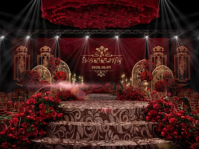 Wedding Banquet Hall With Red Golden Decor Elegant Stage Red Flower Arrangements And Spotlight Lighting 3d model