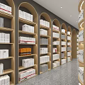 Bank Interior Space With Bookshelves Wooden Tables Chairs And Circular Ceiling Decoration
