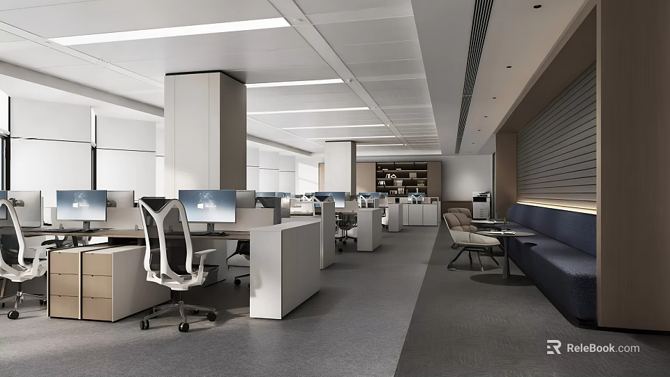 Bright Modern Public Office Space With Low Partitions Ergonomic Chairs Desks And Computers 3d model 
