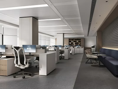 Bright Modern Public Office Space With Low Partitions Ergonomic Chairs Desks And Computers 3d model