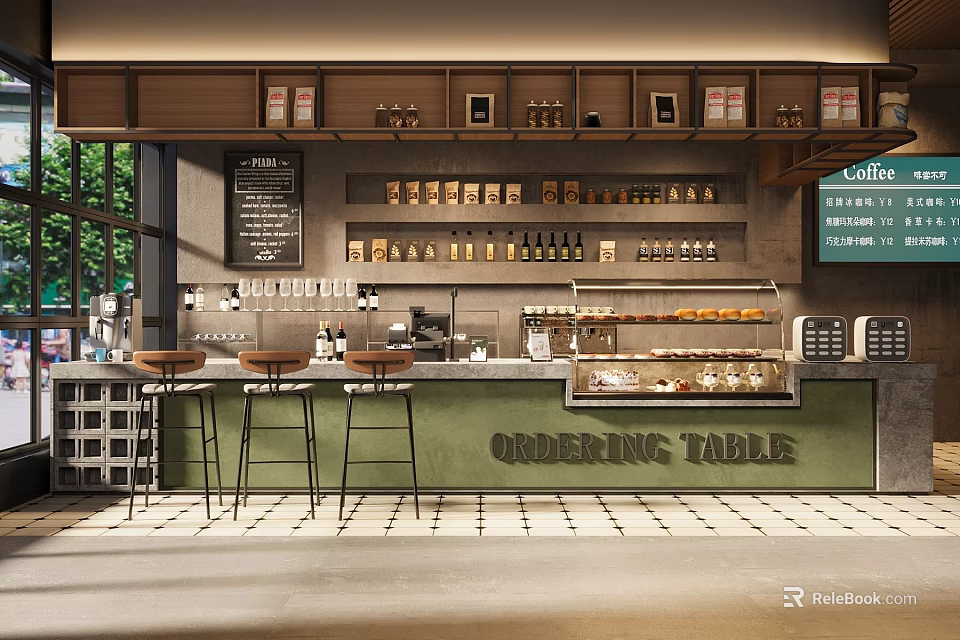 Coffee Shop Interior Featuring Ordering Table Stools Coffee Supplies Menu Board And Pastries 3d model 