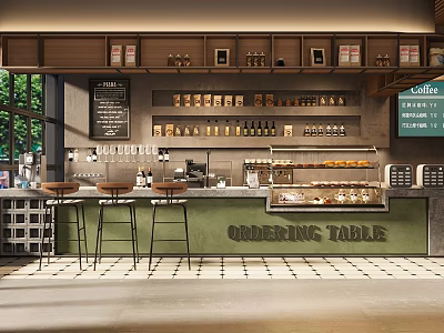 Coffee Shop Interior Featuring Ordering Table Stools Coffee Supplies Menu Board And Pastries 3d model