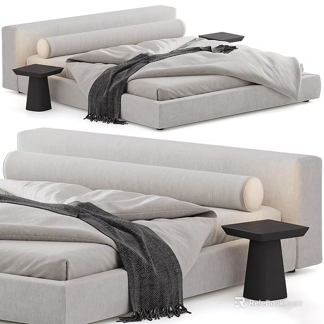 Light Gray Upholstered Double Bed With Curved Headboard And Black Side Table 3d model 
