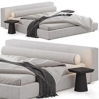 Light Gray Upholstered Double Bed With Curved Headboard And Black Side Table 3d model