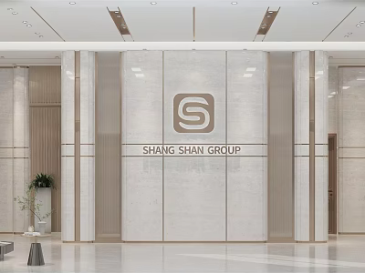 Modern Corporate Reception Desk Interior Design With Marble Wall And Logo 3d model