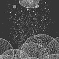 Black Transparent Spheres With Water Drops And Light Reflections On Dark Background