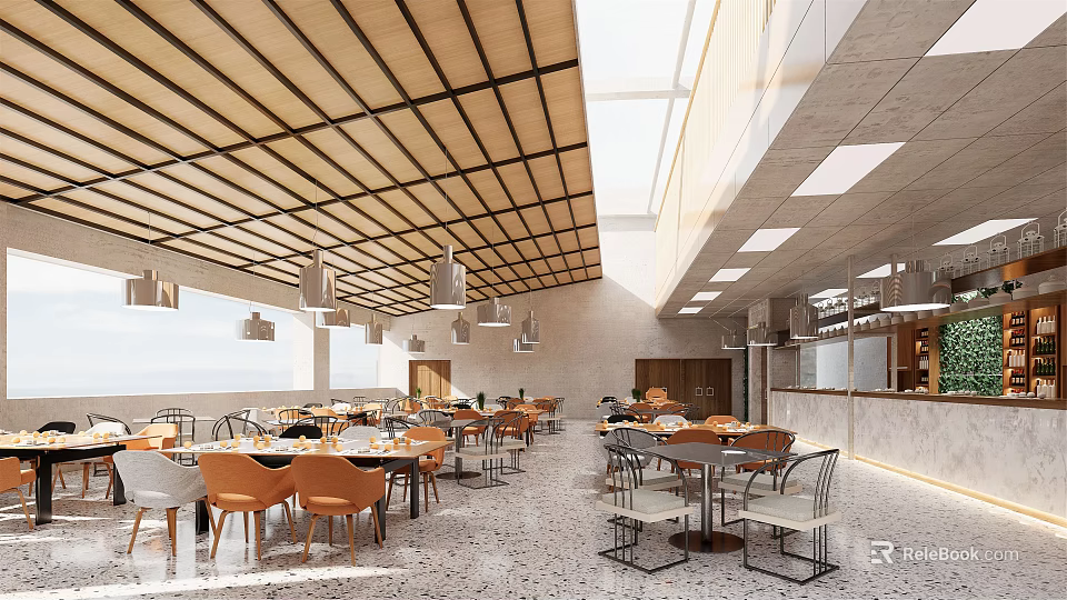 Modern Restaurant Interior With Wooden Ceiling Pendant Lights And Colorful Dining Chairs 3d model 