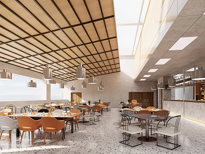 Modern Restaurant Interior With Wooden Ceiling Pendant Lights And Colorful Dining Chairs 3d model