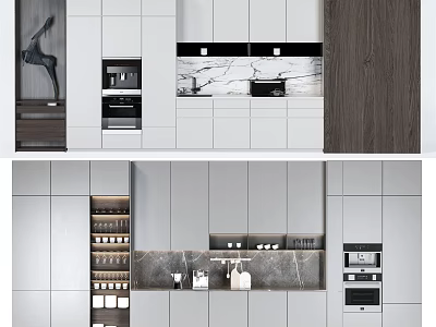Modern Kitchen With Sleek White Cabinets Wood Accents Built in Appliances And Marble Countertop 3d model