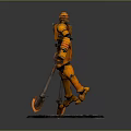 Orange Mechanical Robot Character With Armored Body And Luminous Hand Tools In Sci Fi Art