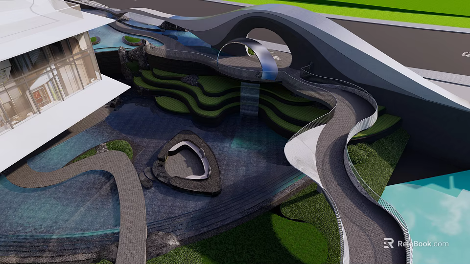 Modern Garden Landscape Design With Curved Walkways Water Features And Layered Greenery 3d model 
