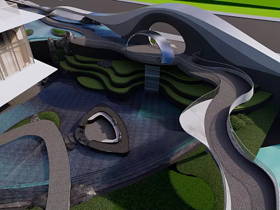 Modern Garden Landscape Design With Curved Walkways Water Features And Layered Greenery 3d model
