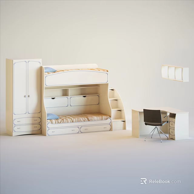 Bunk Bed Setup With Wardrobe Desk Chair And Storage Drawers 3d model 