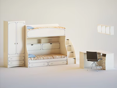 Bunk Bed Setup With Wardrobe Desk Chair And Storage Drawers 3d model