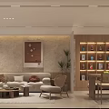 Modern Open Dining and Living Room With Marble Island Wooden Cabinets Sofa Bookshelf Light Strips
