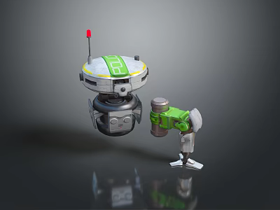 Character Robot With Red Antenna Green Panel And Creature Robot Holding Canister 3d model