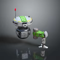 Character Robot With Red Antenna Green Panel And Creature Robot Holding Canister