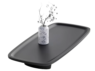 Black Rectangular Coffee Table with Floral Patterned Vase and Small Branches in Interior 3d model