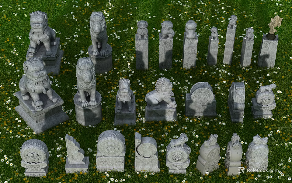 Decorative Garden Ornaments With Stone Lions Pillars And Drums On Green Lawn 3d model 