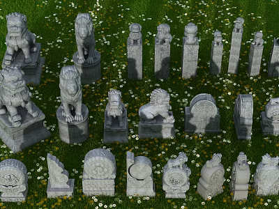 Decorative Garden Ornaments With Stone Lions Pillars And Drums On Green Lawn 3d model