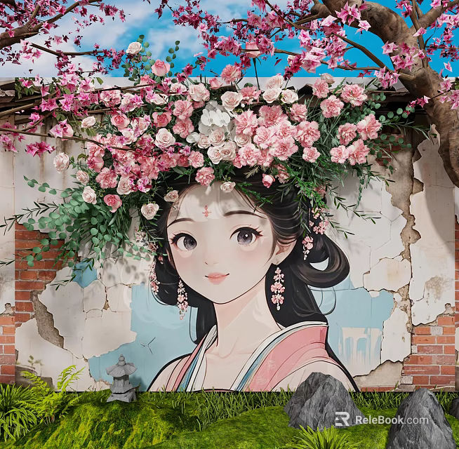 Traditional Courtyard Garden With Pink White Flowers Vines Brick Wall And Mural Woman 3d model 