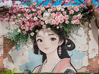 Traditional Courtyard Garden With Pink White Flowers Vines Brick Wall And Mural Woman 3d model