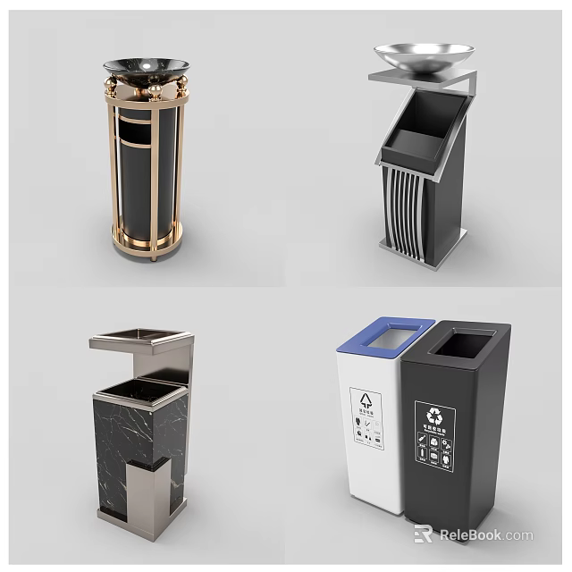 Public Facility Trash Bins With Various Designs And Materials For Public Areas 3d model 