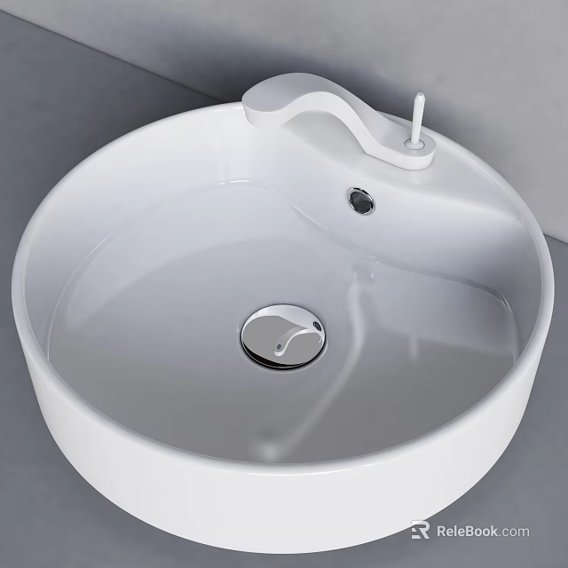 White Round Ceramic Countertop Sink With Modern White Faucet Design 3d model 
