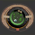 Enchanting Fantasy Scenery with Circular Structure Green Bowl Glowing Lava Wooden Railing and Steps