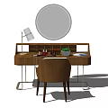 Minimalist Wooden Dressing Table with Round Silver Mirror Lamp Skincare Bottles Green Plant and Chair