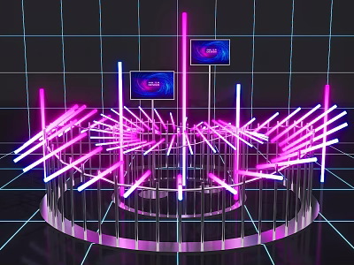 Futuristic Neon Installation With Purple Blue Tubes Circular Structure And Digital Screens 3d model