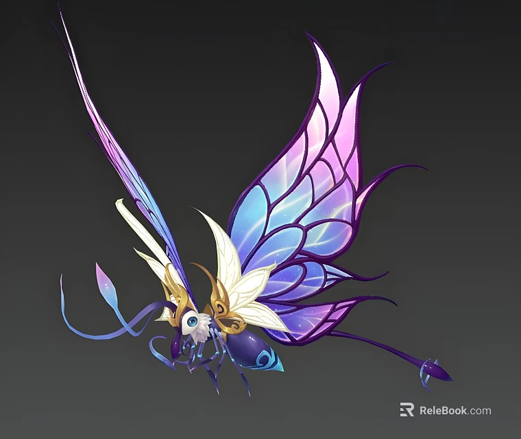 Fantasy Flying Creature With Glowing Purple Blue Butterfly Wings And Golden Accents 3d model 