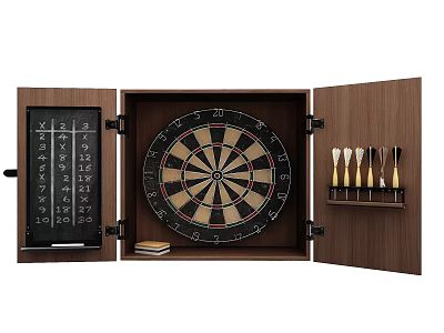 Decorative Ornament Set with Dartboard Scoreboard Darts and Wooden Cabinet 3d model