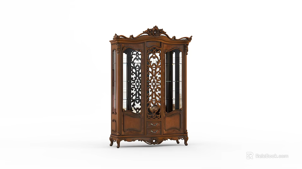 Classical Wooden Wine Cabinet With Intricate Carved Patterns And Glass Display Doors 3d model 